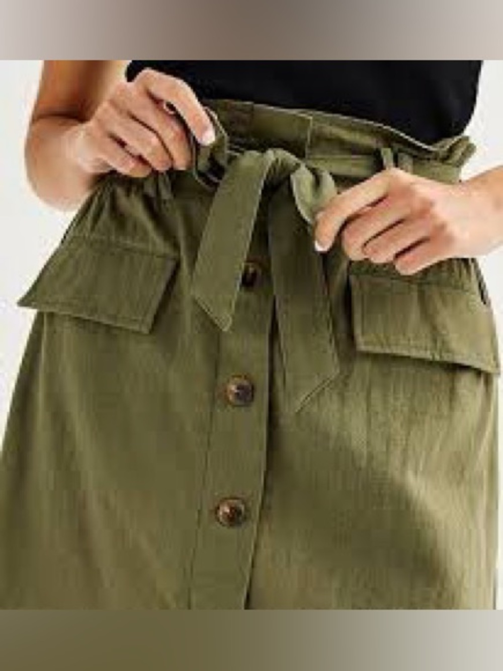 Banana Republic Olive Green Linen Button Front Paperbag Midi Skirt